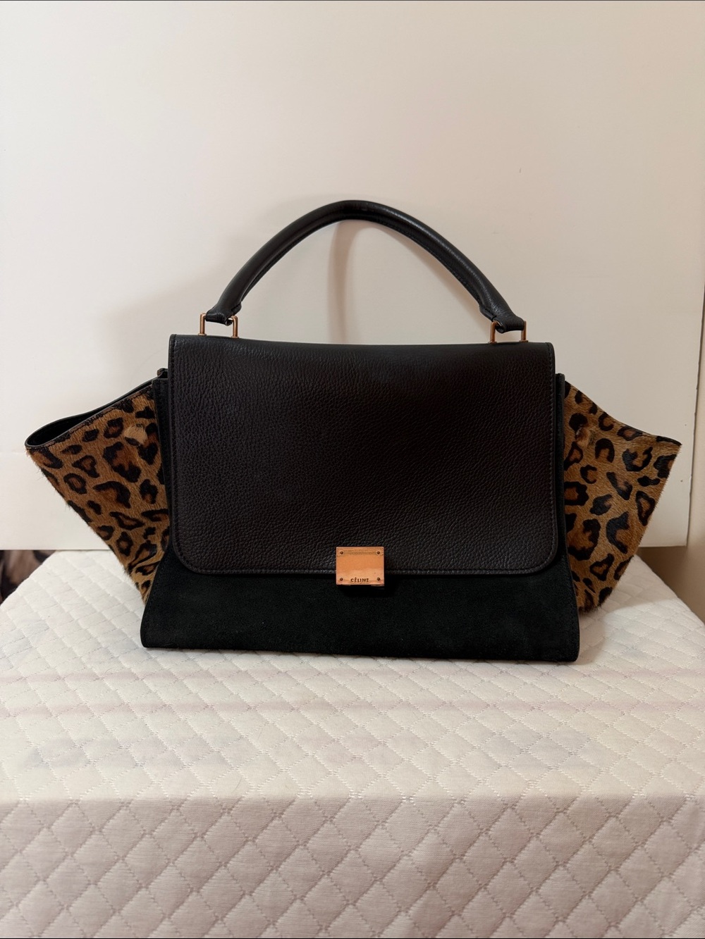 Celine Trapeze Bag Crafted from Black Leather Suede and Leopard Sides Accents